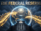 A cinematic 3D illustration of the Federal Reserve building with a glowing digital globe and financial charts, symbolizing its control over global markets.