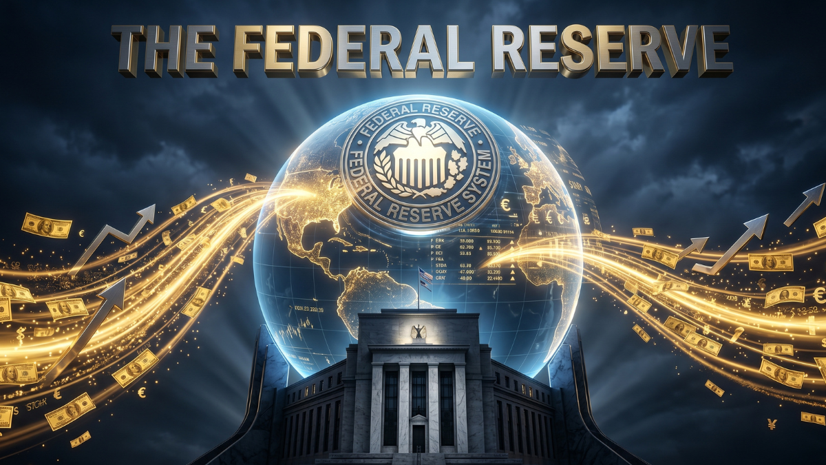 A cinematic 3D illustration of the Federal Reserve building with a glowing digital globe and financial charts, symbolizing its control over global markets.