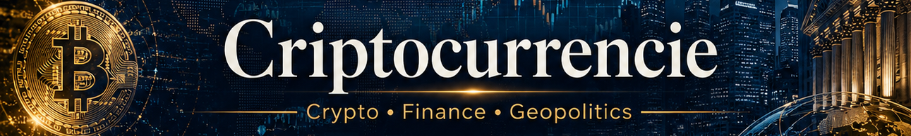 A large golden Bitcoin symbol set against a dark, futuristic background featuring a stylized city skyline, a globe, and the text 'Cryptocurrency • Finance • Geopolitics'.
