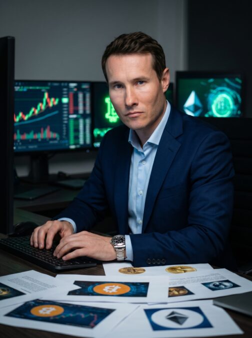 Homem em terno azul marinho focado em um teclado, cercado por monitores exibindo gráficos de criptomoedas em tons de verde e vermelho neon.