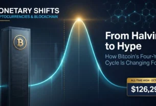 A premium editorial financial cover image featuring a glowing cyan data curve representing Bitcoin market cycles, peaking with a golden light burst next to a monolithic dark pillar embossed with a gold Bitcoin symbol.