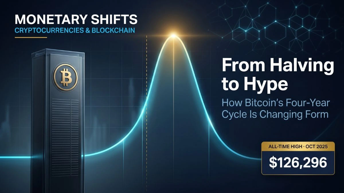 A premium editorial financial cover image featuring a glowing cyan data curve representing Bitcoin market cycles, peaking with a golden light burst next to a monolithic dark pillar embossed with a gold Bitcoin symbol.