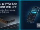 A split-screen editorial cover showing a matte-black hardware cold storage device on the left and a glowing smartphone hot wallet on the right, divided by a vertical cyan line.