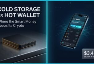 A split-screen editorial cover showing a matte-black hardware cold storage device on the left and a glowing smartphone hot wallet on the right, divided by a vertical cyan line.
