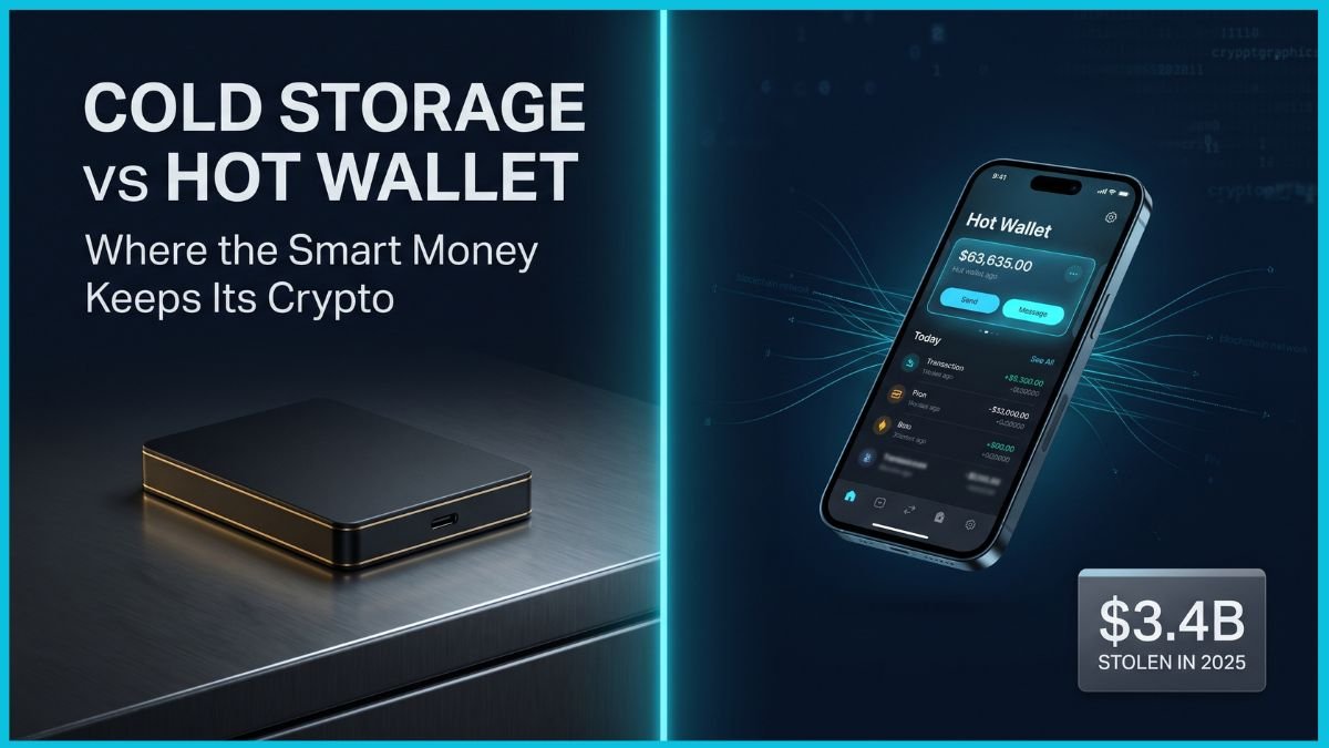 A split-screen editorial cover showing a matte-black hardware cold storage device on the left and a glowing smartphone hot wallet on the right, divided by a vertical cyan line.
