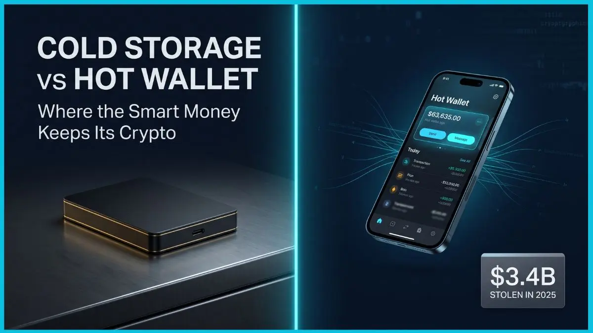 Cold Storage vs Hot Wallet: Where Should You Keep Your Crypto? 5 A split-screen editorial cover showing a matte-black hardware cold storage device on the left and a glowing smartphone hot wallet on the right, divided by a vertical cyan line.