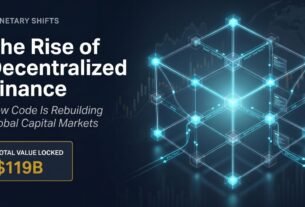 A premium editorial cover for Monetary Shifts featuring a luminous 3D blockchain network symbolizing DeFi and decentralized finance infrastructure, with institutional typography and a data card showing $119B Total Value Locked.