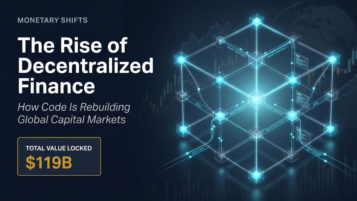 A premium editorial cover for Monetary Shifts featuring a luminous 3D blockchain network symbolizing DeFi and decentralized finance infrastructure, with institutional typography and a data card showing $119B Total Value Locked.