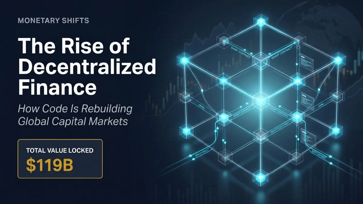 DeFi and Decentralized Finance: A Complete Guide for Investors 1 A premium editorial cover for Monetary Shifts featuring a luminous 3D blockchain network symbolizing DeFi and decentralized finance infrastructure, with institutional typography and a data card showing $119B Total Value Locked.
