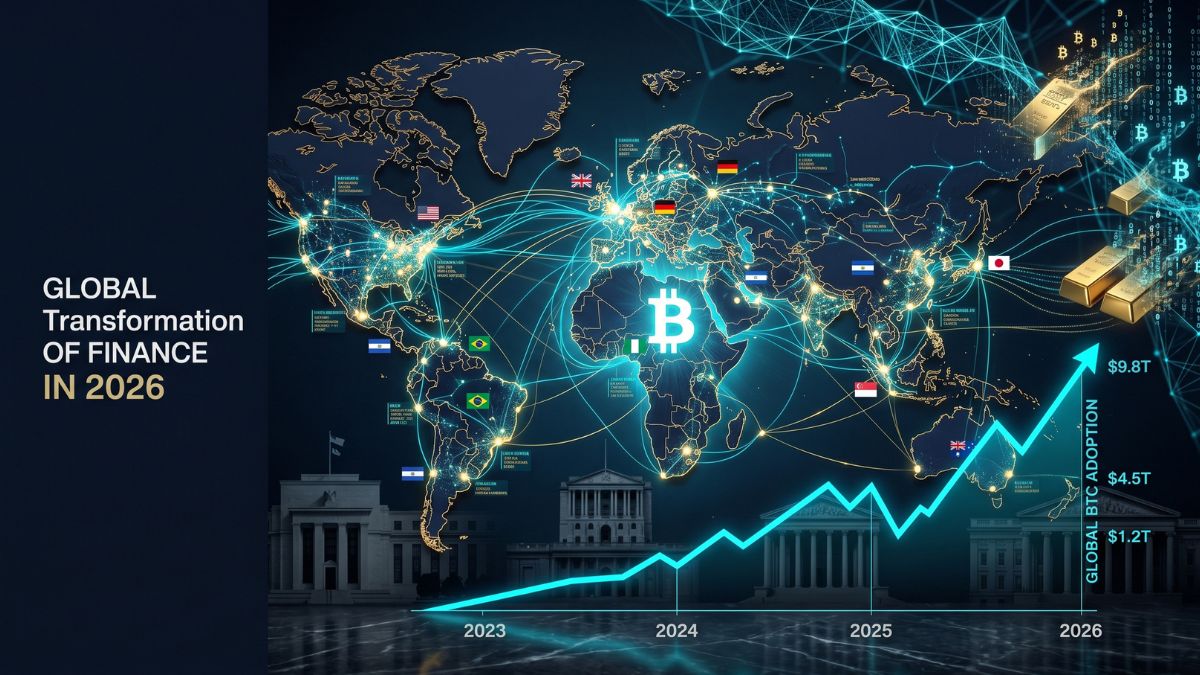 A premium cinematic financial editorial image showing a glowing Bitcoin symbol at the center of a world map with illuminated nodes representing global bitcoin adoption and the Lightning Network.