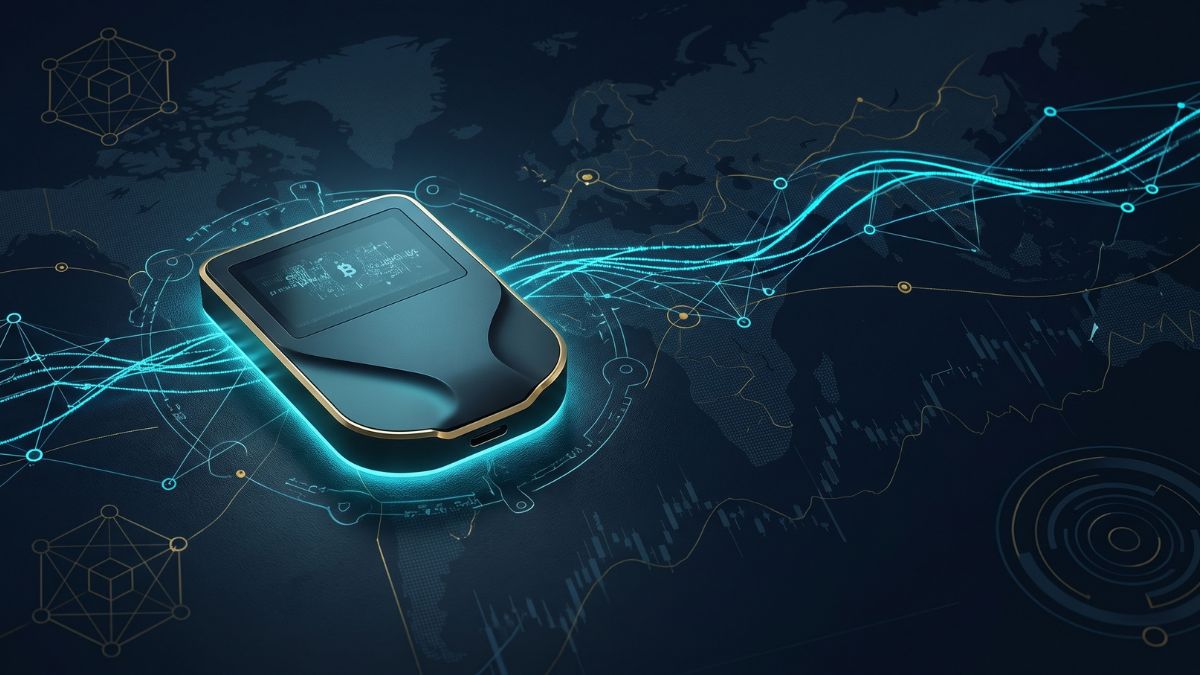 A professional hardware wallet device for secure bitcoin wallets, glowing with cyan light against a dark background of global blockchain networks and financial data.