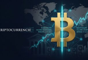 A premium cinematic editorial image representing the Bitcoin Halving with a bisected gold Bitcoin symbol, set against a deep navy blue background with financial charts and blockchain data, illustrating a digital asset alternative to the Federal Reserve monetary system.