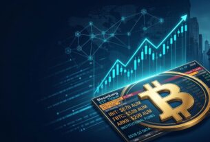 A cinematic editorial 3D rendering of a golden Bitcoin symbol integrated with a digital Bitcoin ETF ticker board and institutional financial charts.
