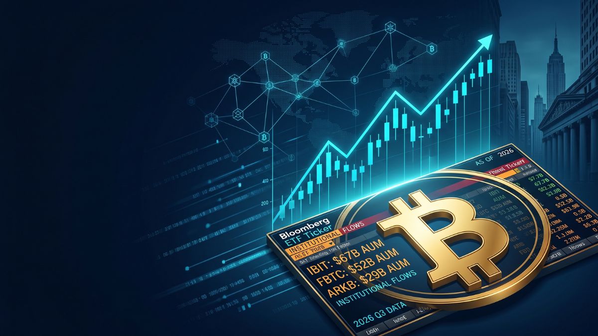 A cinematic editorial 3D rendering of a golden Bitcoin symbol integrated with a digital Bitcoin ETF ticker board and institutional financial charts.