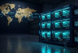 A high-tech industrial data center featuring rows of advanced hardware for professional bitcoin mining, illuminated by electric cyan lights with gold network overlays.