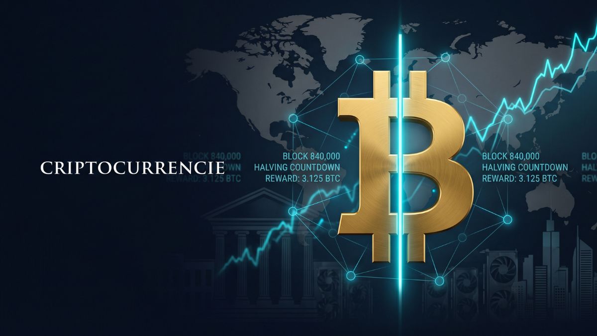 A premium cinematic editorial image representing the Bitcoin Halving with a bisected gold Bitcoin symbol, set against a deep navy blue background with financial charts and blockchain data, illustrating a digital asset alternative to the Federal Reserve monetary system.