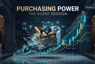 A premium cinematic financial image featuring a shopping basket shattering into digital fragments next to rising gold and cyan candlestick charts in a grand institutional hall.