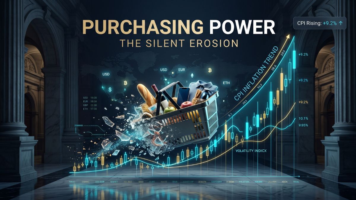 A premium cinematic financial image featuring a shopping basket shattering into digital fragments next to rising gold and cyan candlestick charts in a grand institutional hall.