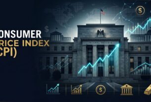 A dark cinematic view of a central bank building featuring a glowing electric cyan chart of the Consumer Price Index (CPI) trending upward.
