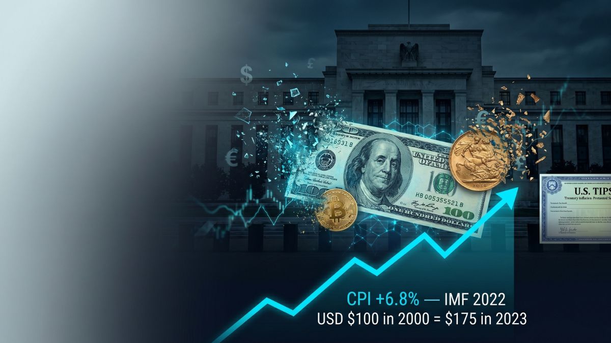 A premium editorial illustration showing the decline of purchasing power, featuring a dissolving US dollar and gold coin shattering into digital fragments against a dark Federal Reserve silhouette and a rising cyan inflation chart.
