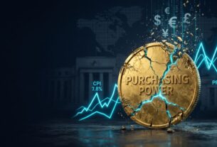 A premium editorial image featuring a fractured gold coin symbolizing purchasing power loss, surrounded by rising cyan graph lines and digital currency symbols, representing the core inflation causes in the global economy.
