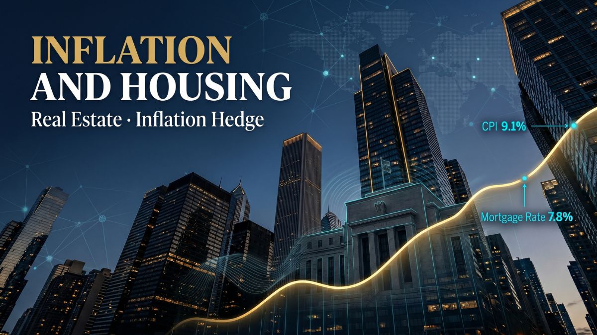 A cinematic editorial illustration featuring a modern urban skyline in deep navy blue, dominated by a rising gold mortgage rate curve and electric cyan data overlays representing inflation and housing market statistics.