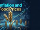 A digital editorial artwork featuring golden wheat stalks rising from cyan data streams with a world map and upward-trending price chart, alongside the text 'Inflation and Food Prices'.