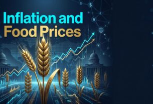 A digital editorial artwork featuring golden wheat stalks rising from cyan data streams with a world map and upward-trending price chart, alongside the text 'Inflation and Food Prices'.