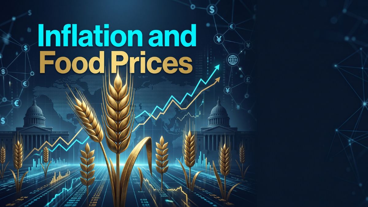 A digital editorial artwork featuring golden wheat stalks rising from cyan data streams with a world map and upward-trending price chart, alongside the text 'Inflation and Food Prices'.