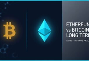 A minimalistic financial illustration showing a golden Bitcoin emblem and a cyan Ethereum diamond on a dark navy background with geometric textures, representing the ethereum vs bitcoin long term comparison.