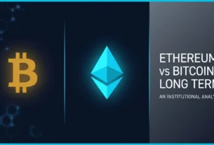 Ethereum vs Bitcoin Long Term: Which Is the Better Investment? 6 A minimalistic financial illustration showing a golden Bitcoin emblem and a cyan Ethereum diamond on a dark navy background with geometric textures, representing the ethereum vs bitcoin long term comparison.