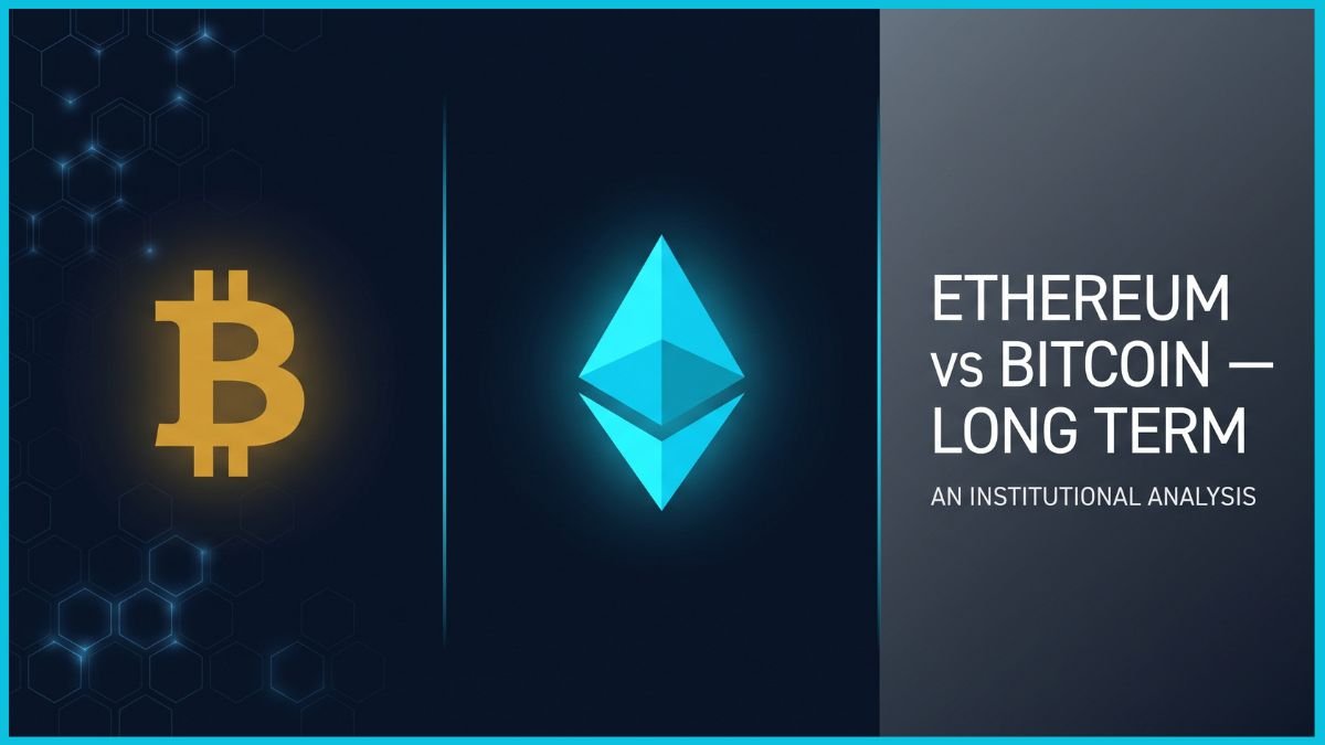 A minimalistic financial illustration showing a golden Bitcoin emblem and a cyan Ethereum diamond on a dark navy background with geometric textures, representing the ethereum vs bitcoin long term comparison.