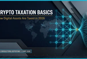 Crypto Taxation Basics: What Every Investor Should Know 5 A high-end financial editorial cover featuring a glowing cyan blockchain ledger grid converging into a golden institutional tax document, set against a dark navy background with a faint world map and bold typography.