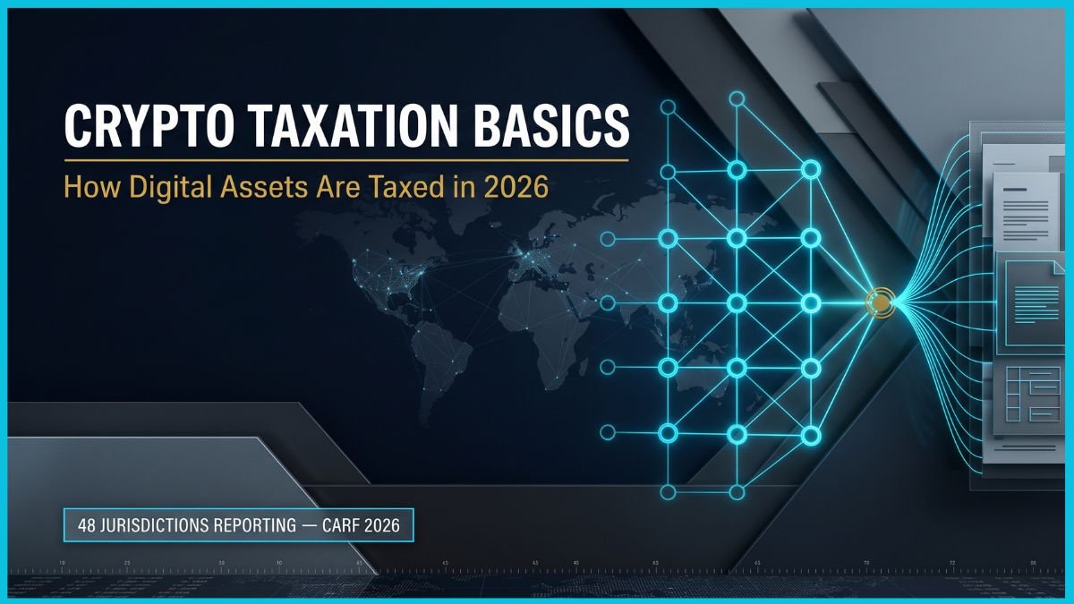 A high-end financial editorial cover featuring a glowing cyan blockchain ledger grid converging into a golden institutional tax document, set against a dark navy background with a faint world map and bold typography.