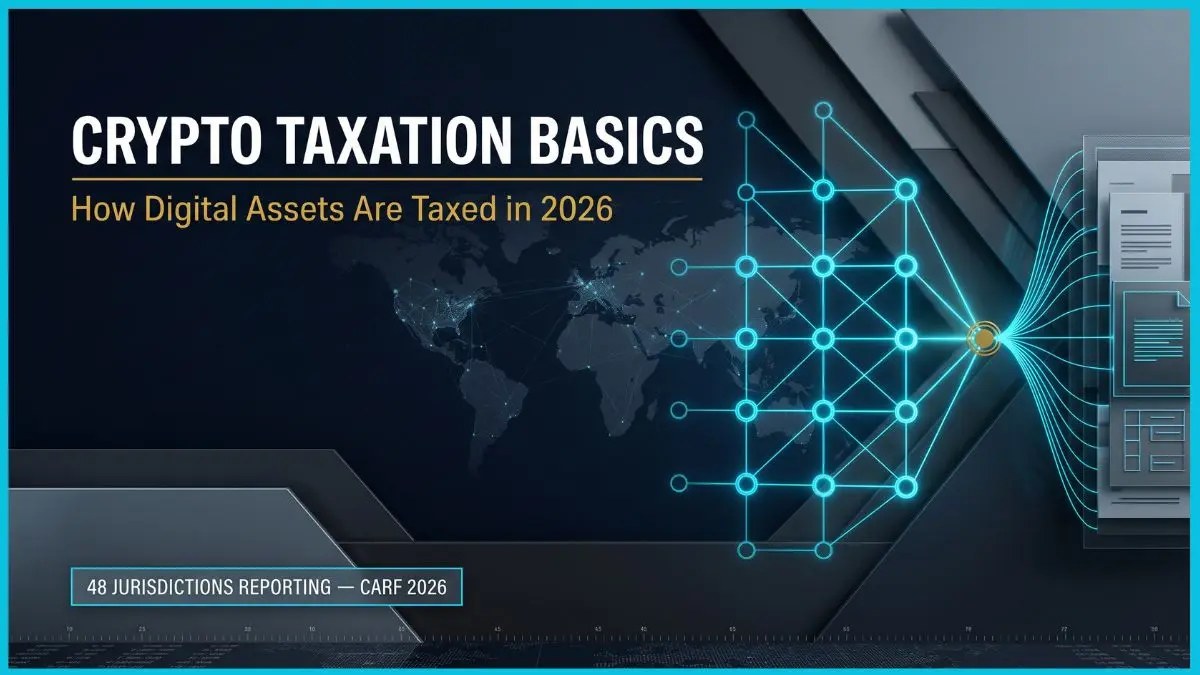 Crypto Taxation Basics: What Every Investor Should Know 6 A high-end financial editorial cover featuring a glowing cyan blockchain ledger grid converging into a golden institutional tax document, set against a dark navy background with a faint world map and bold typography.