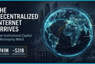 A high-end editorial cover featuring a luminous abstract globe made of glowing cyan and gold blockchain nodes. The background shows sophisticated silhouettes of financial towers. To the left, clean typography reads 'THE DECENTRALIZED INTERNET ARRIVES,' illustrating the rise of web3 adoption.