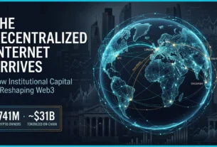 Web3 Adoption and the Future of the Internet 5 A high-end editorial cover featuring a luminous abstract globe made of glowing cyan and gold blockchain nodes. The background shows sophisticated silhouettes of financial towers. To the left, clean typography reads 'THE DECENTRALIZED INTERNET ARRIVES,' illustrating the rise of web3 adoption.