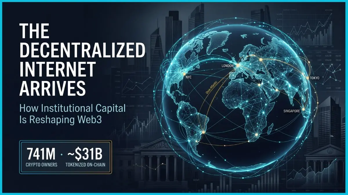 Web3 Adoption and the Future of the Internet 7 A high-end editorial cover featuring a luminous abstract globe made of glowing cyan and gold blockchain nodes. The background shows sophisticated silhouettes of financial towers. To the left, clean typography reads 'THE DECENTRALIZED INTERNET ARRIVES,' illustrating the rise of web3 adoption.