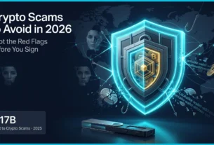Crypto Scams to Avoid in 2026: Red Flags and Protection Tips 4 A sophisticated cinematic illustration of a glowing geometric shield-fortress protecting digital assets from a dark web of dissolving deepfakes and counterfeit tokens, titled