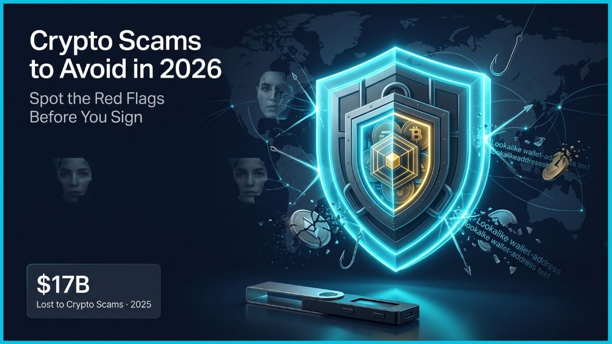 A sophisticated cinematic illustration of a glowing geometric shield-fortress protecting digital assets from a dark web of dissolving deepfakes and counterfeit tokens, titled "Crypto Scams to Avoid in 2026."
