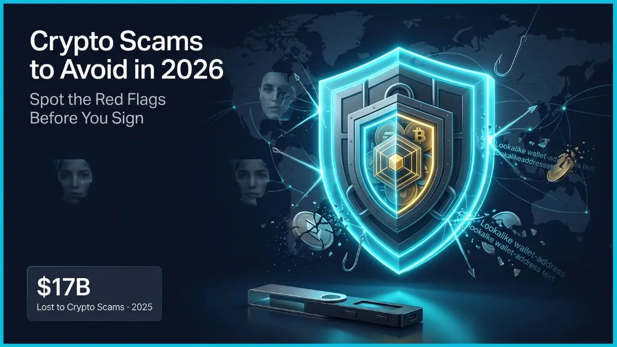 Crypto Scams to Avoid in 2026: Red Flags and Protection Tips 9 A sophisticated cinematic illustration of a glowing geometric shield-fortress protecting digital assets from a dark web of dissolving deepfakes and counterfeit tokens, titled
