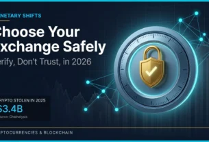 How to Choose a Crypto Exchange Safely in 2026 4 A cinematic editorial cover showing a secure institutional digital vault with a gold shield-lock and a glowing checkmark, illustrating how to choose a crypto exchange safely with proof-of-reserves networking in the background.