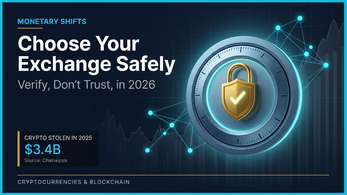 A cinematic editorial cover showing a secure institutional digital vault with a gold shield-lock and a glowing checkmark, illustrating how to choose a crypto exchange safely with proof-of-reserves networking in the background.