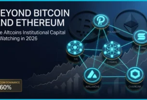 Top Altcoins to Watch in 2026 (Beyond Bitcoin and Ethereum) 5 A professional editorial financial cover featuring five glowing cyan network nodes interconnected by data lines, representing top altcoins to watch for institutional capital rotation beyond Bitcoin and Ethereum.