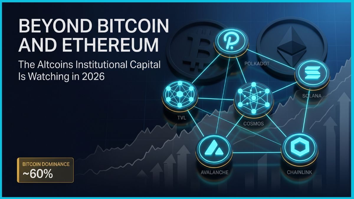 A professional editorial financial cover featuring five glowing cyan network nodes interconnected by data lines, representing top altcoins to watch for institutional capital rotation beyond Bitcoin and Ethereum.