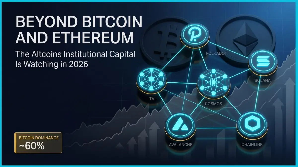 Top Altcoins to Watch in 2026 (Beyond Bitcoin and Ethereum) 3 A professional editorial financial cover featuring five glowing cyan network nodes interconnected by data lines, representing top altcoins to watch for institutional capital rotation beyond Bitcoin and Ethereum.