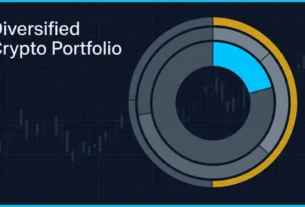 Diversified Crypto Portfolio: How to Build One Step by Step 6 A minimalist editorial financial illustration of a diversified crypto portfolio shown as a concentric donut chart on a deep navy background with electric cyan and gold accents.