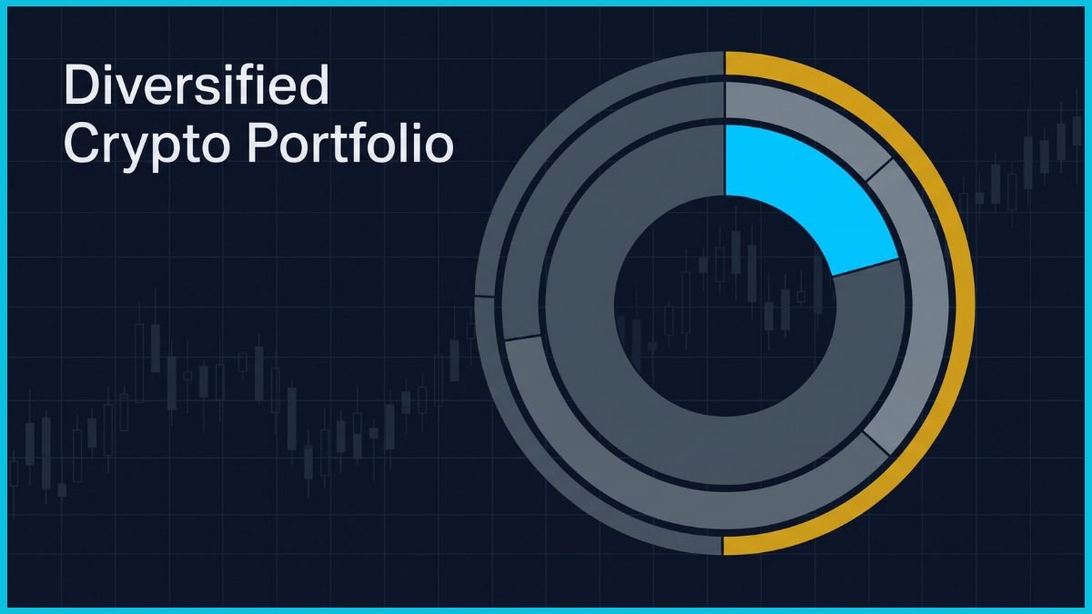 A minimalist editorial financial illustration of a diversified crypto portfolio shown as a concentric donut chart on a deep navy background with electric cyan and gold accents.