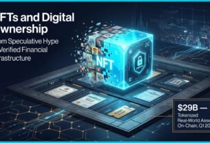 A professional financial editorial illustration featuring a luminous cyan 3D cube transitioning from a pixelated JPEG mosaic to a solid digital asset, representing the shift in NFTs and digital ownership toward verified financial infrastructure.