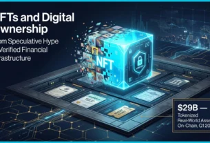 NFTs and Digital Ownership: Hype or Real Revolution? 5 A professional financial editorial illustration featuring a luminous cyan 3D cube transitioning from a pixelated JPEG mosaic to a solid digital asset, representing the shift in NFTs and digital ownership toward verified financial infrastructure.